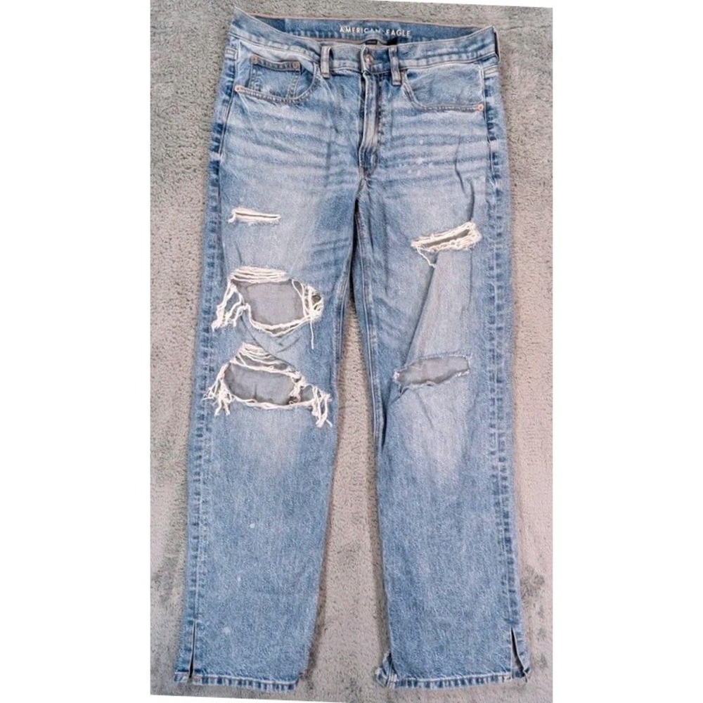American Eagle Strigid Low-Rise Baggy Straight Jeans Sz 6 Distressed Split Hem